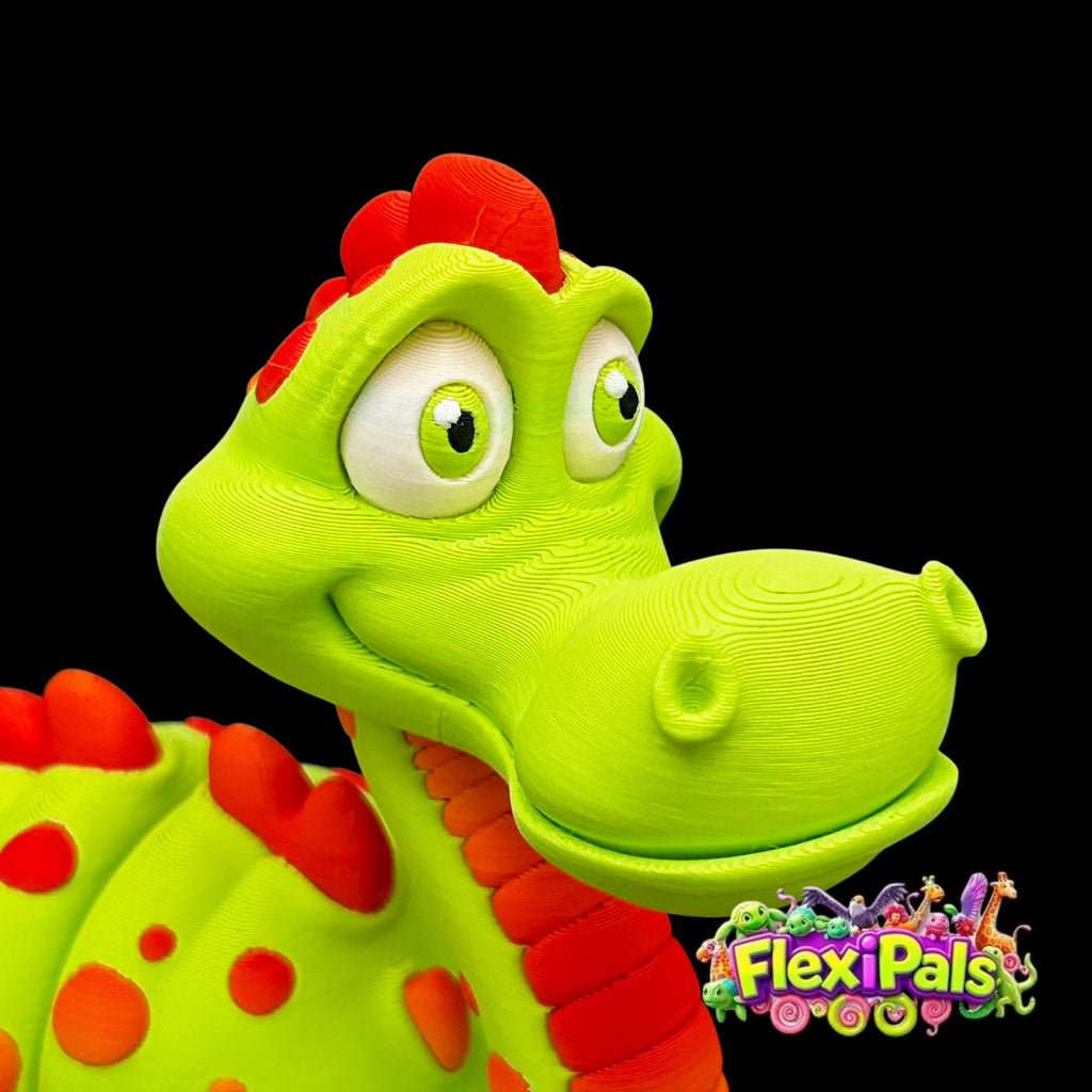 Close-up of flexible 3D printed Nessie figure showing jointed body sections and expressive head - FlexiPals