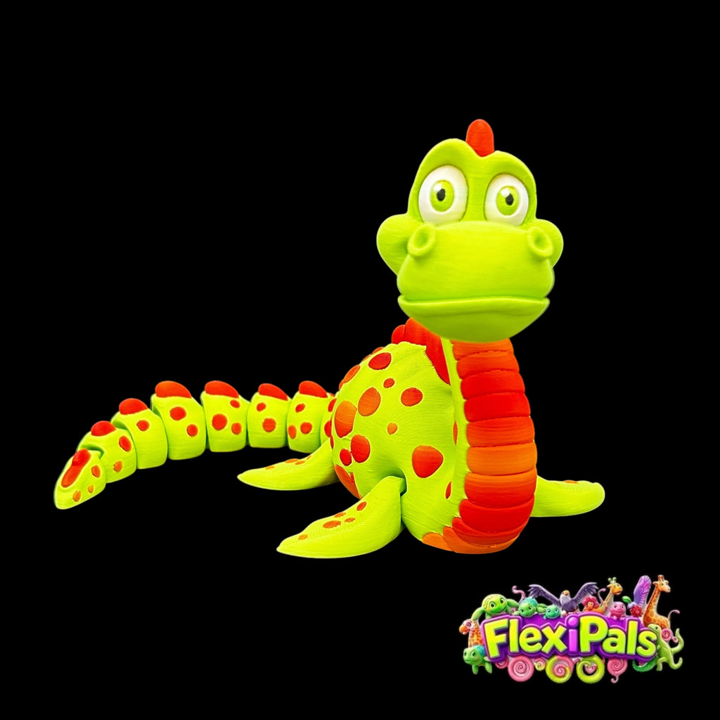 Vibrant 9-inch Loch Ness Monster collectible with wild colors posed on a desk or shelf - FlexiPals