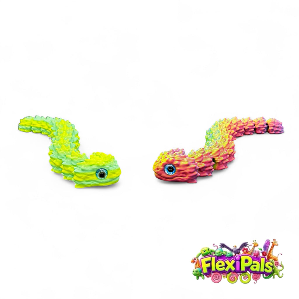 Cute green chibi snake figurine – 3D printed bush viper with big eyes and scales