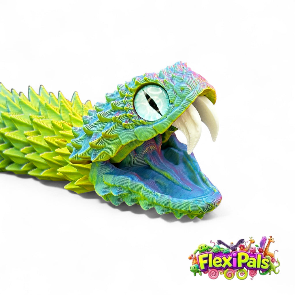 Realistic green bush viper figurine – 3D printed display snake with movable fangs